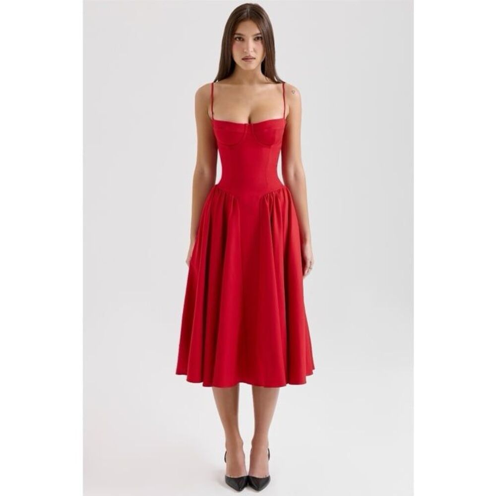 House of CB Samaria Red Gathered Midi Dress Corset Bustier Fit & Flare Size M